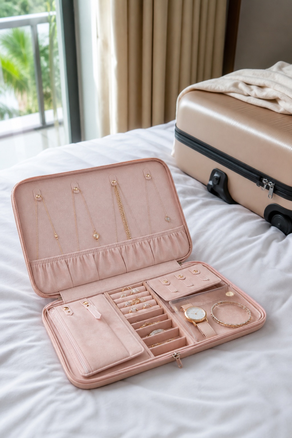 10 Compact Travel Jewelry Cases That Fit in a Carry-On Slim pink travel jewelry folio open on a hotel bed