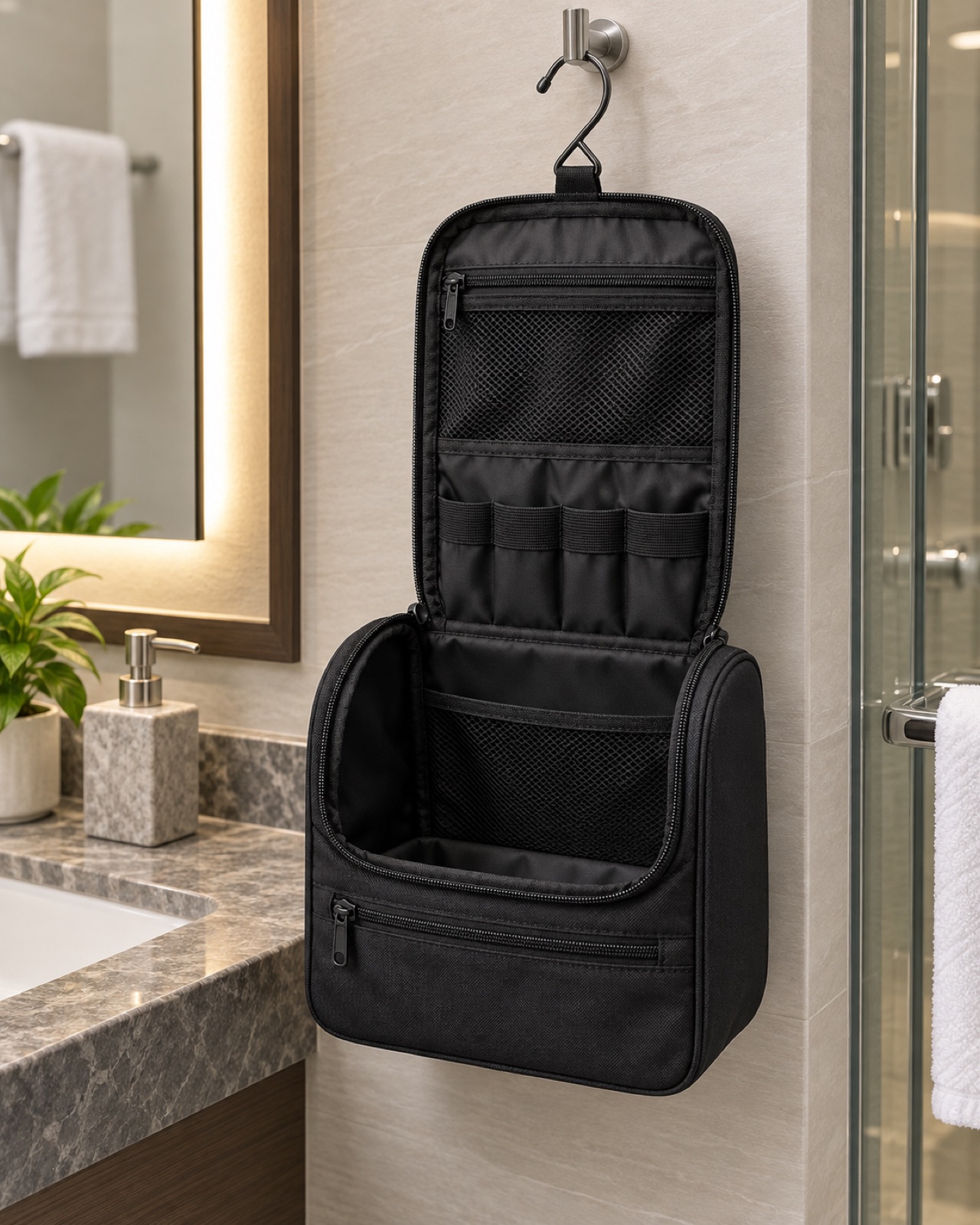 Open black Vorspack medium hanging toiletry bag with boxy main compartment
