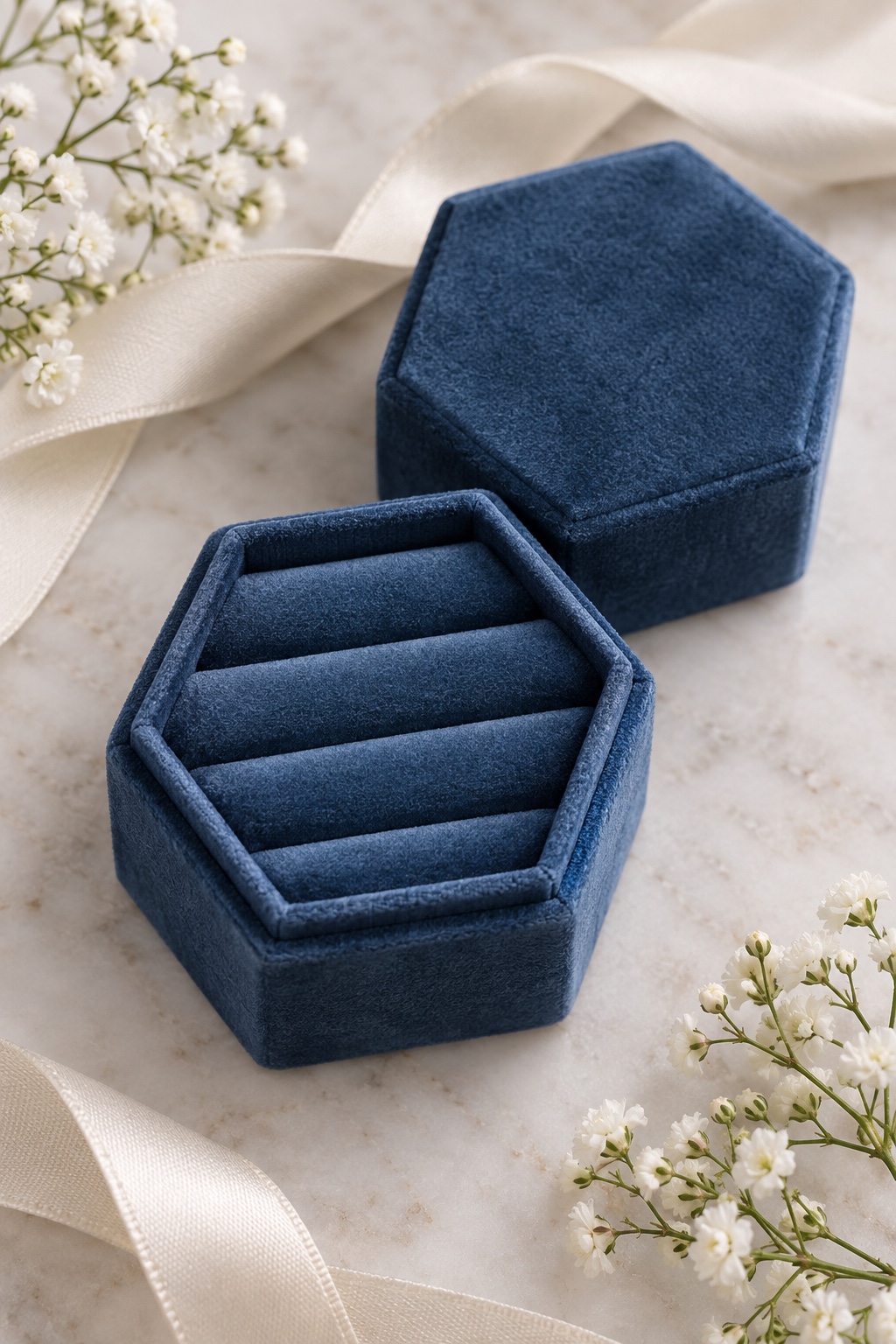 Ocean-blue hexagonal three-slot velvet ring box with removable lid.