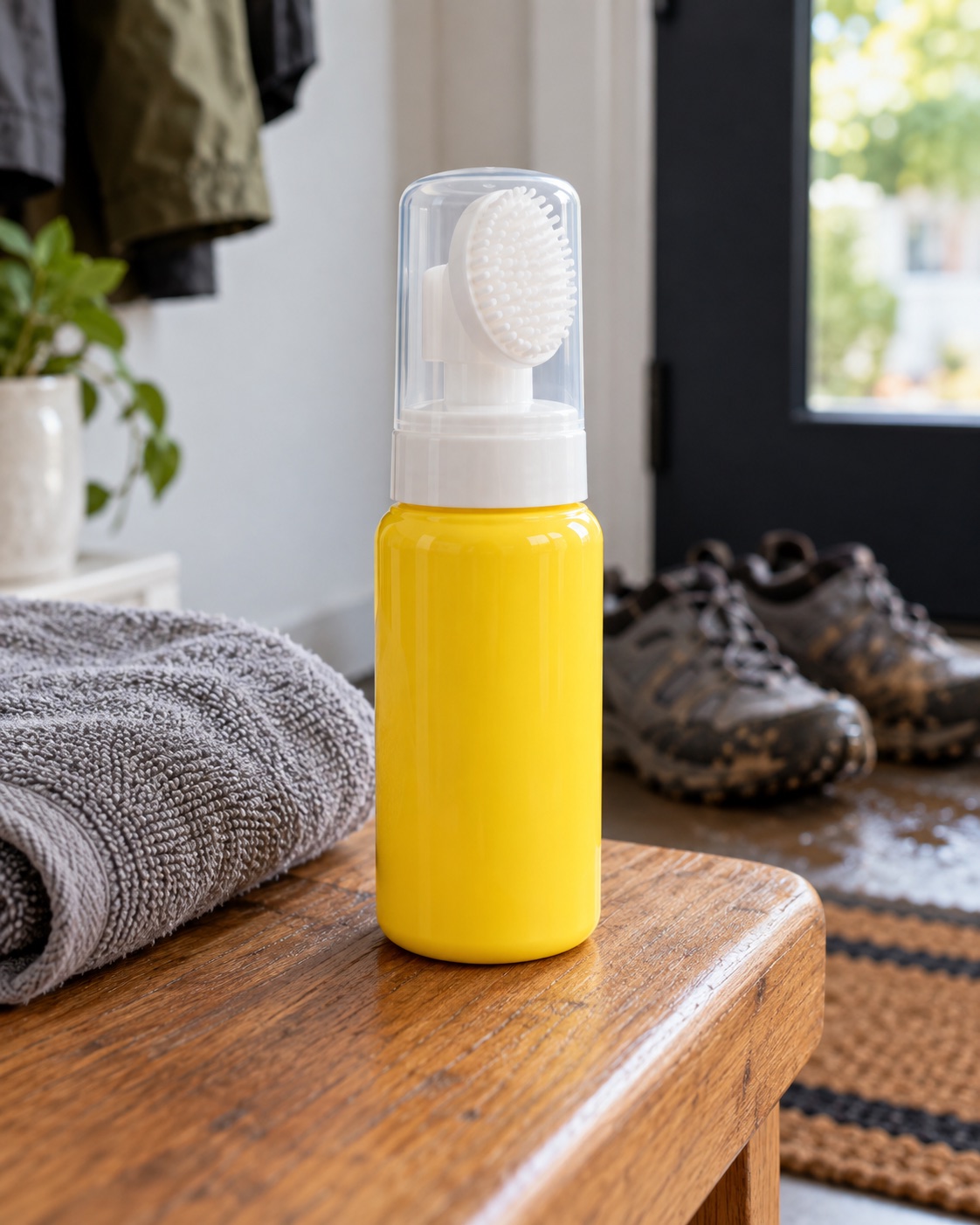 10 Dog Paw Cleaners for Muddy Apartment Entryways Yellow foaming paw cleanser bottle with a white scrubber brush and clear cap