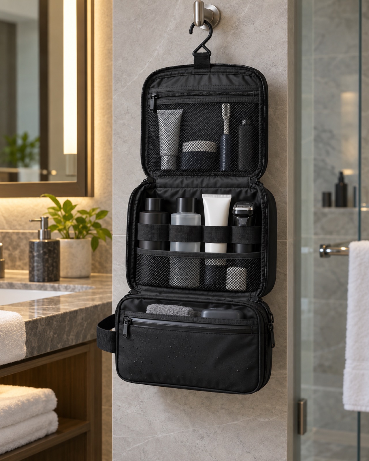 Open black BAGSMART men's medium hanging toiletry organizer