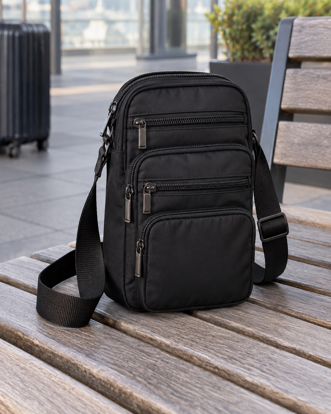 Black nylon crossbody phone bag with four zipper compartments