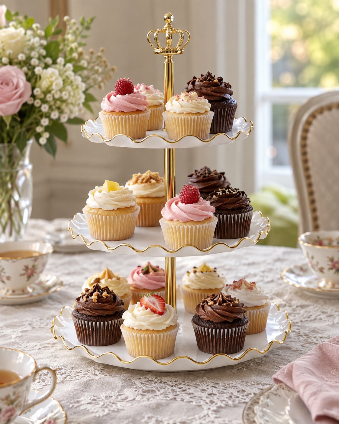 10 Tiered Cupcake Stands for Small Party Dessert Tables White three-tier cupcake stand with gold rims and crown handle