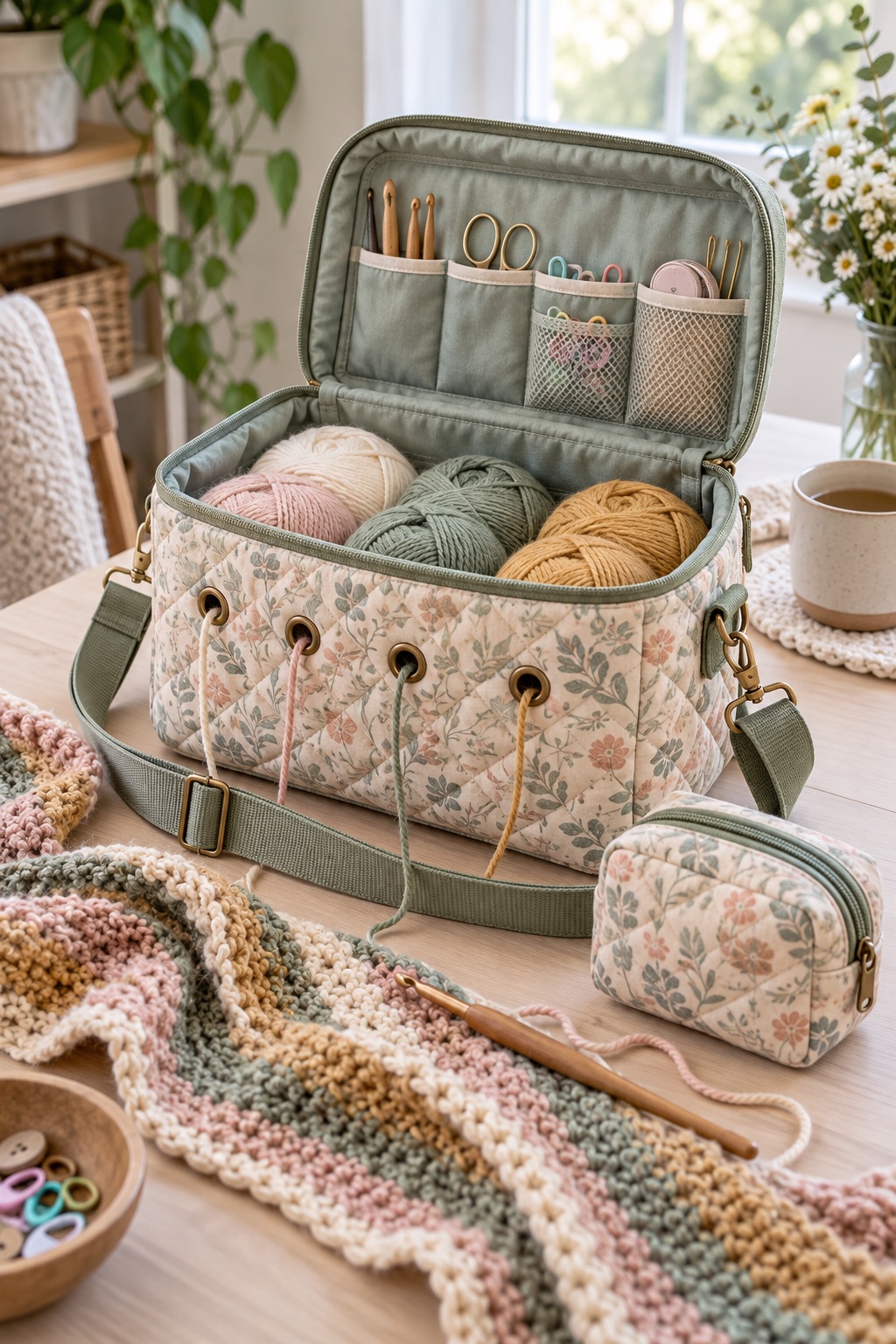 13 Crochet Project Bags That Keep Yarn Tangle-Free on the Go Quilted crochet project bag with matching accessory pouch and shoulder strap