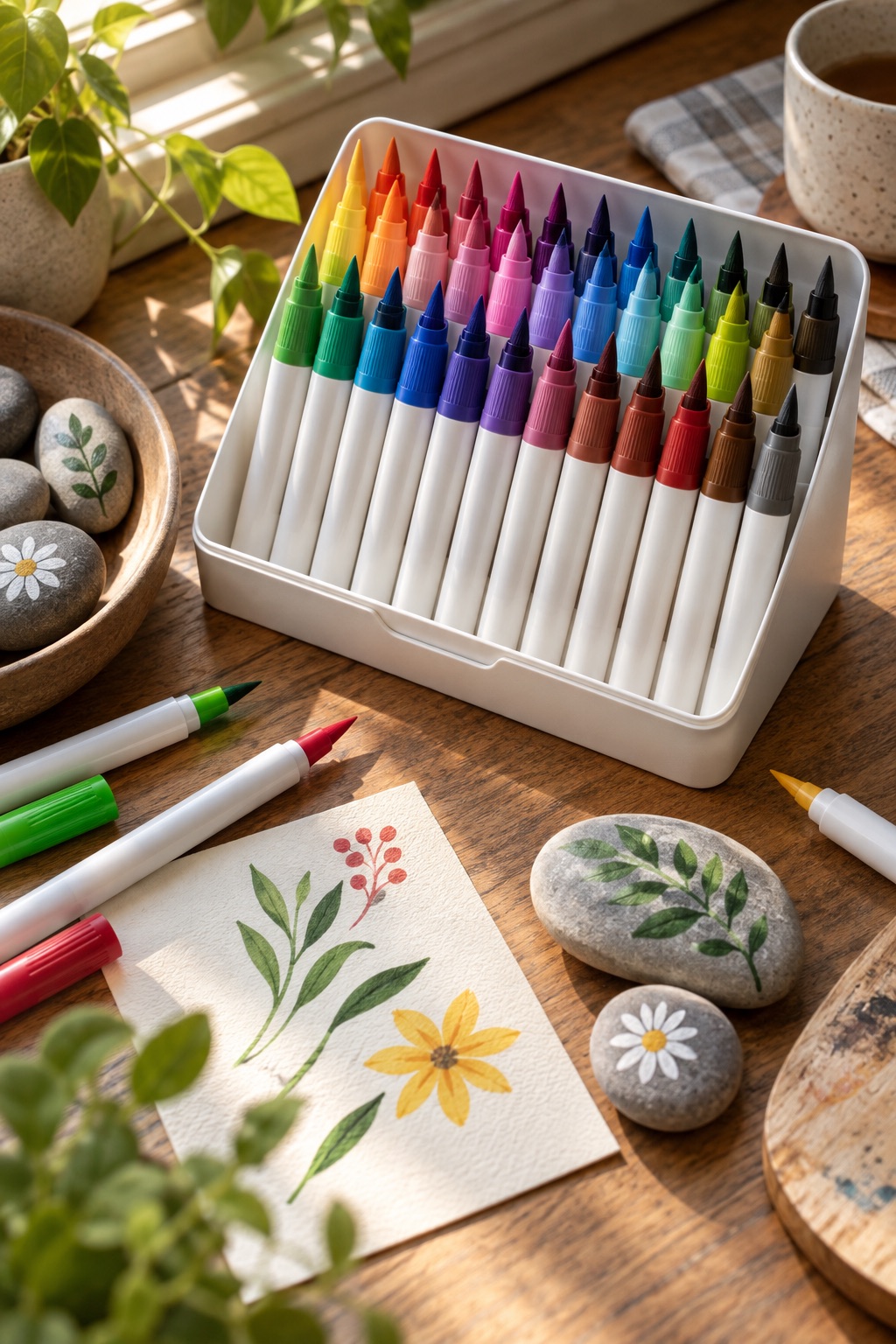 Compact acrylic brush marker set beside small painted stones