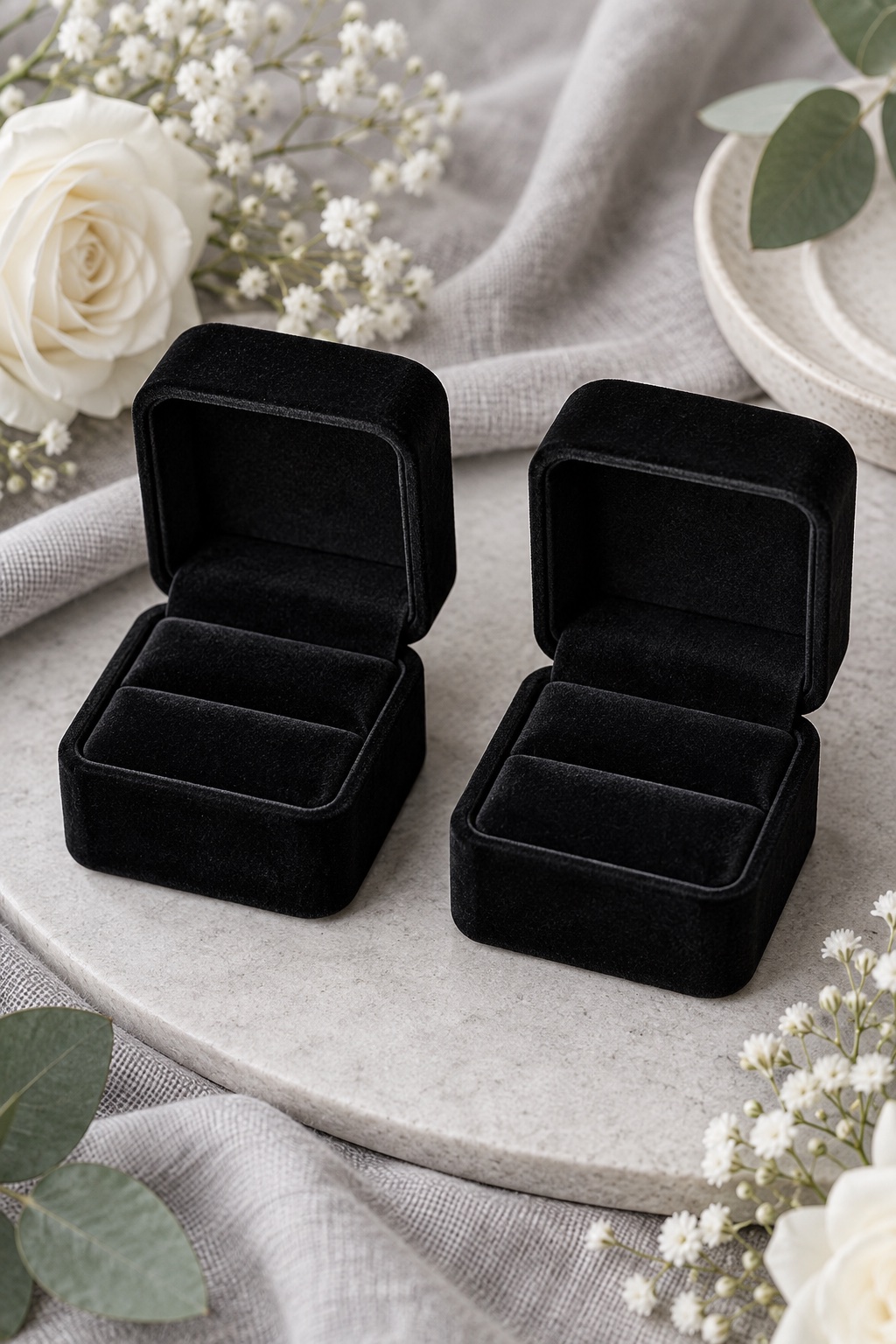 Two black square velvet metal ring boxes open side by side