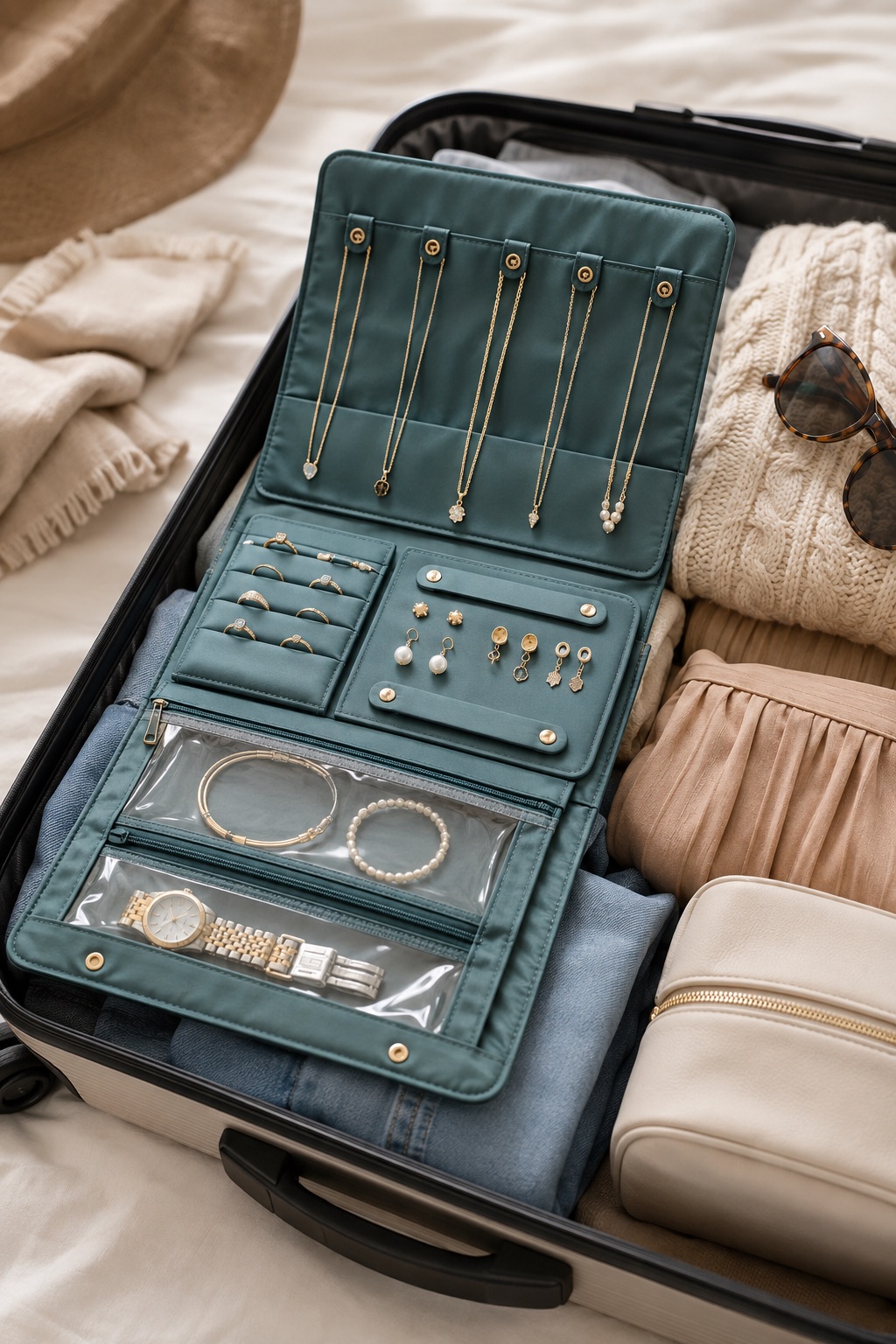 10 Compact Travel Jewelry Cases That Fit in a Carry-On Teal fold-flat travel jewelry roll packed in a carry-on