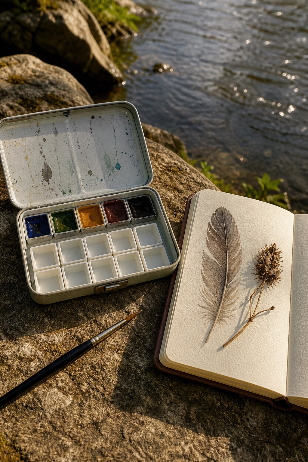 12 Portable Watercolor Sets for Beginner Nature Journaling Small watercolor sketcher set beside a feather nature journal