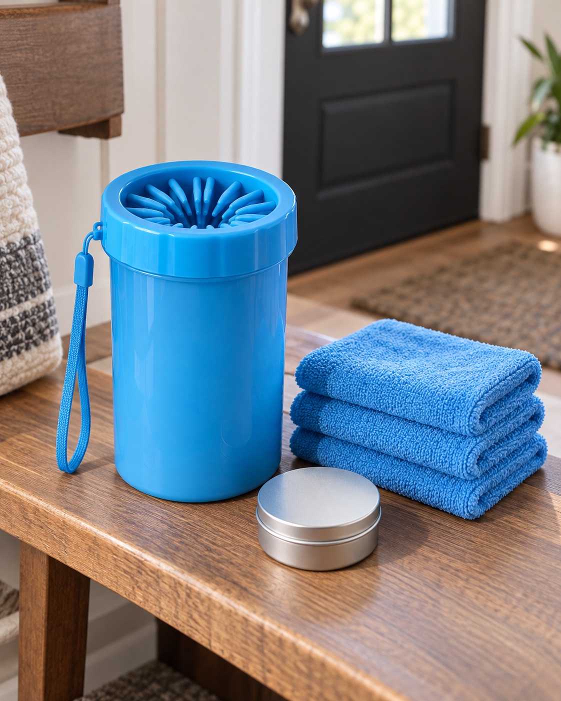 10 Dog Paw Cleaners for Muddy Apartment Entryways Blue medium paw washer kit with three matching towels and a small balm tin