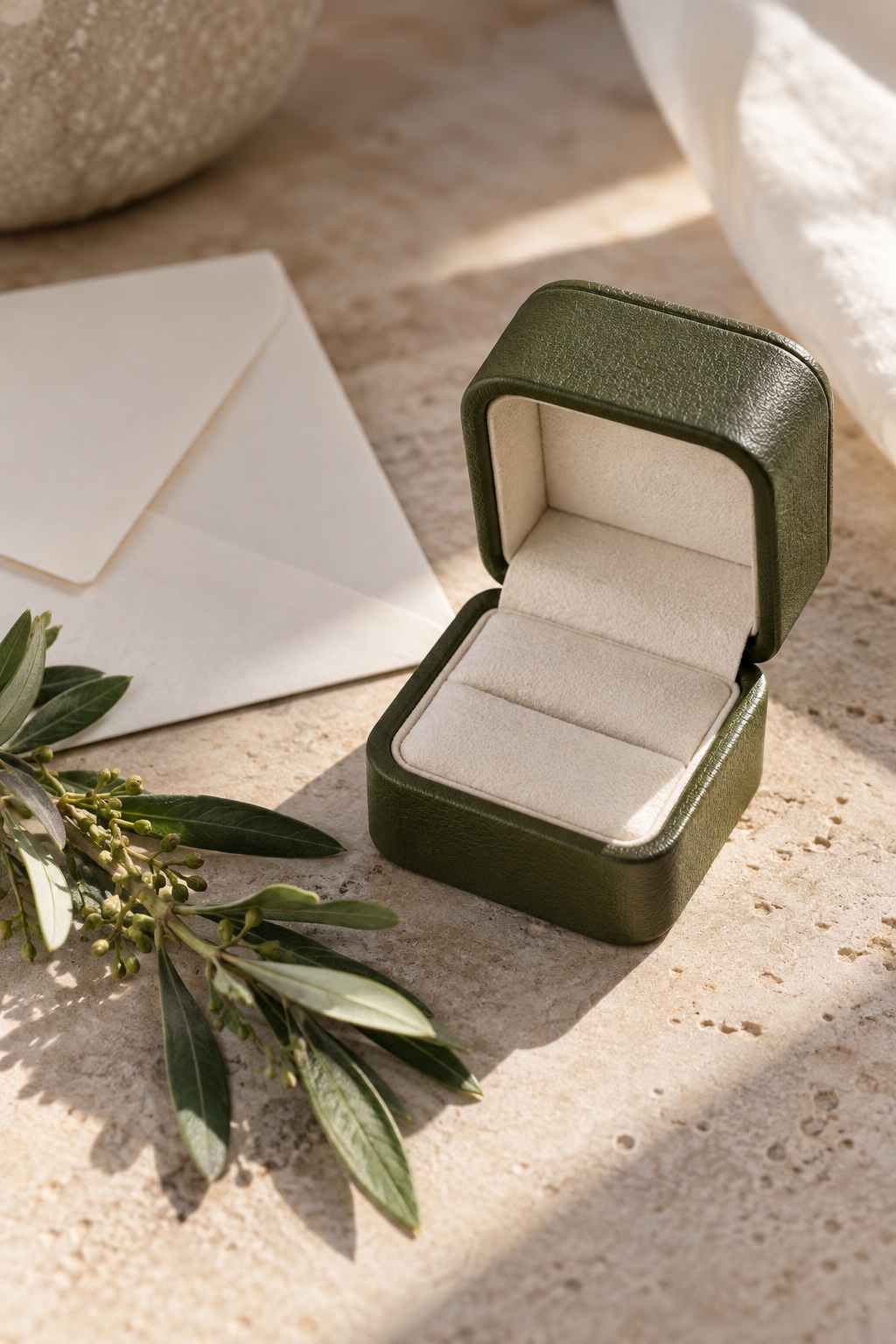 Olive-green leather ring box opened beside wedding stationery.