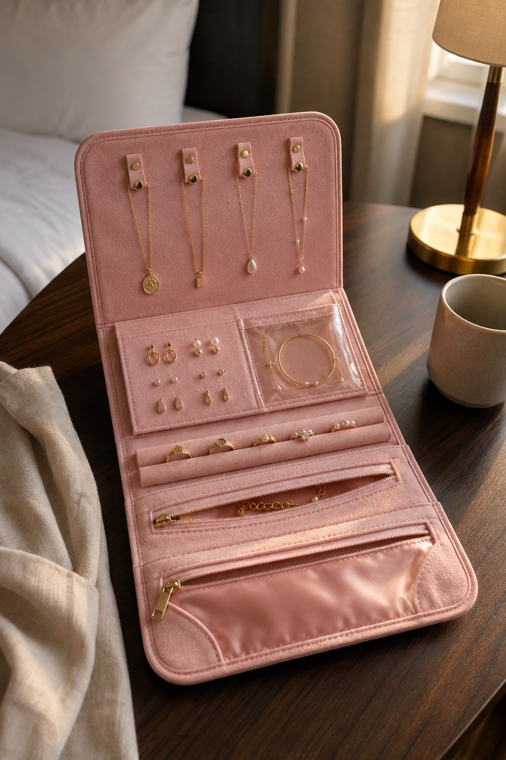 10 Compact Travel Jewelry Cases That Fit in a Carry-On Pink travel jewelry roll with clear and zippered pockets