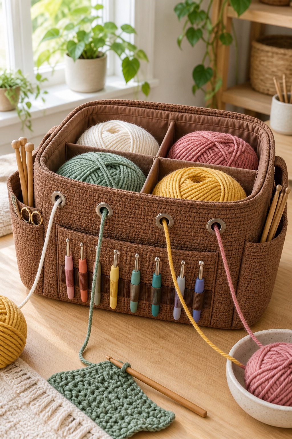 13 Crochet Project Bags That Keep Yarn Tangle-Free on the Go Brown crochet storage tote with yarn compartments and organized hooks