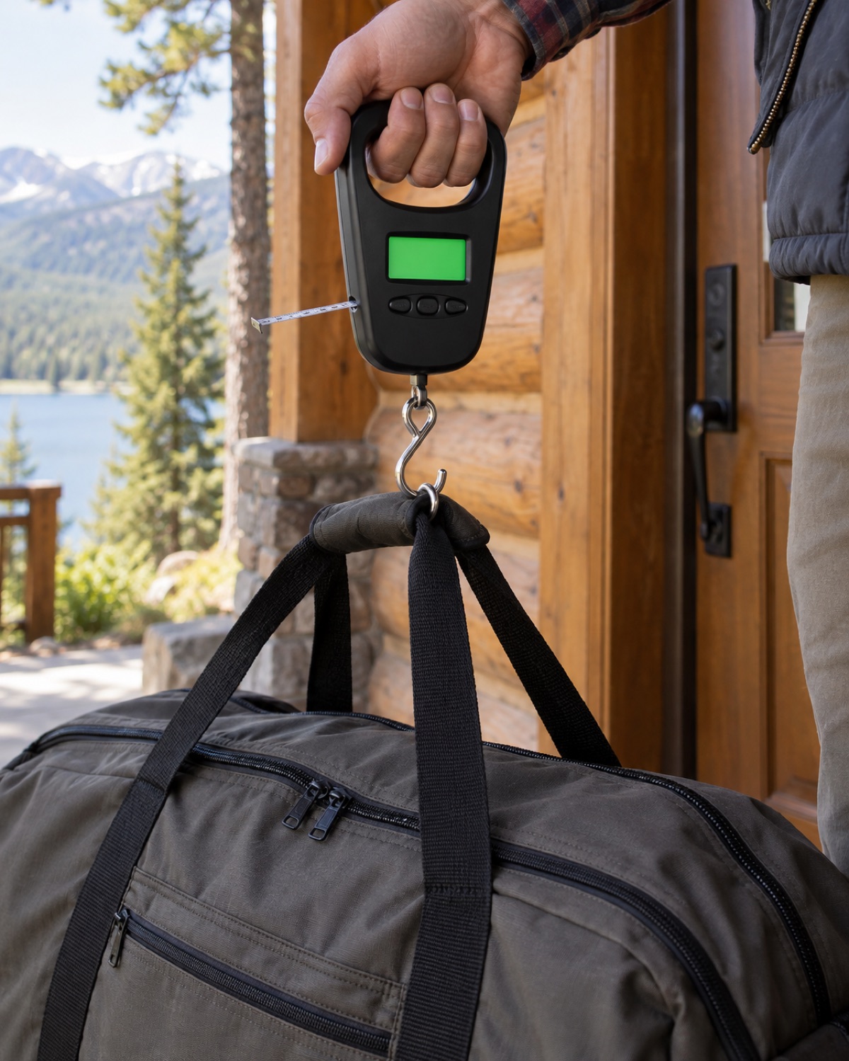10 Portable Luggage Scales That Make Airline Weight Checks Easier Black digital hook scale with built-in measuring tape weighing a duffel bag