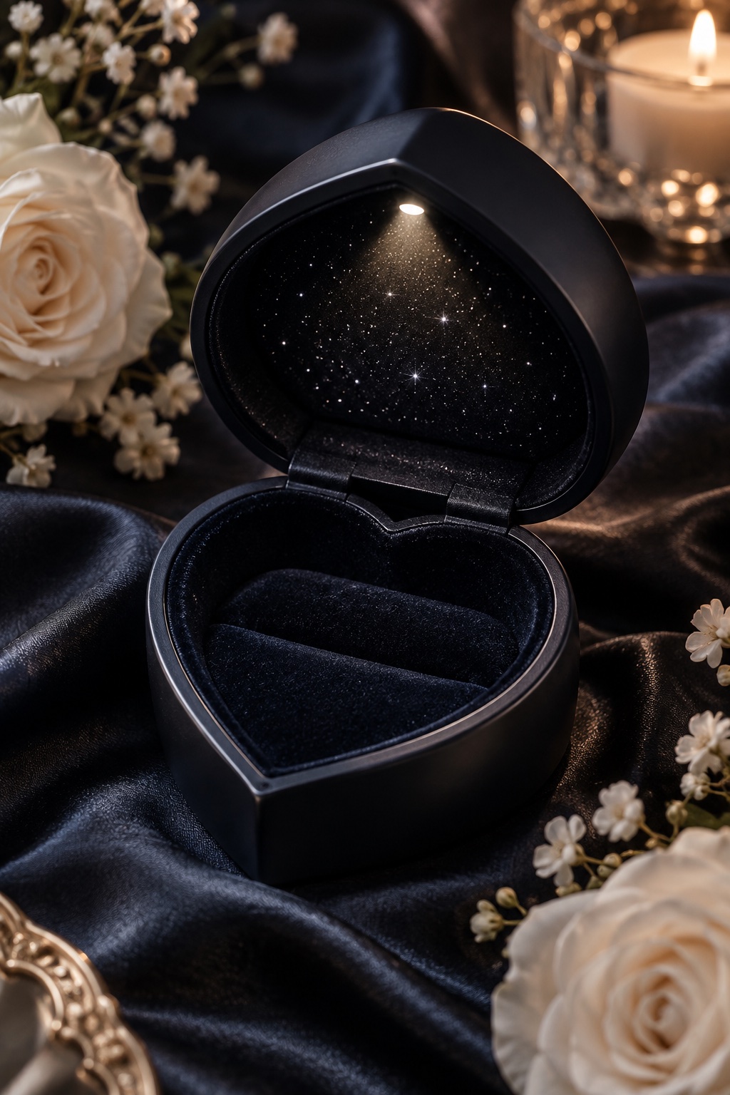 Dark heart-shaped LED ring box with starry interior open on silk