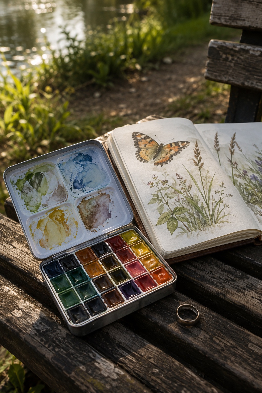 12 Portable Watercolor Sets for Beginner Nature Journaling Full-pan watercolor travel tin beside a butterfly field journal