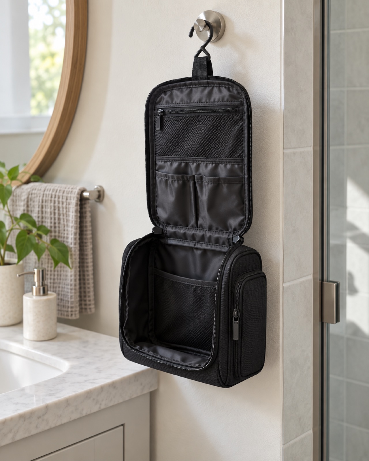 Open compact black Icramsy hanging toiletry bag