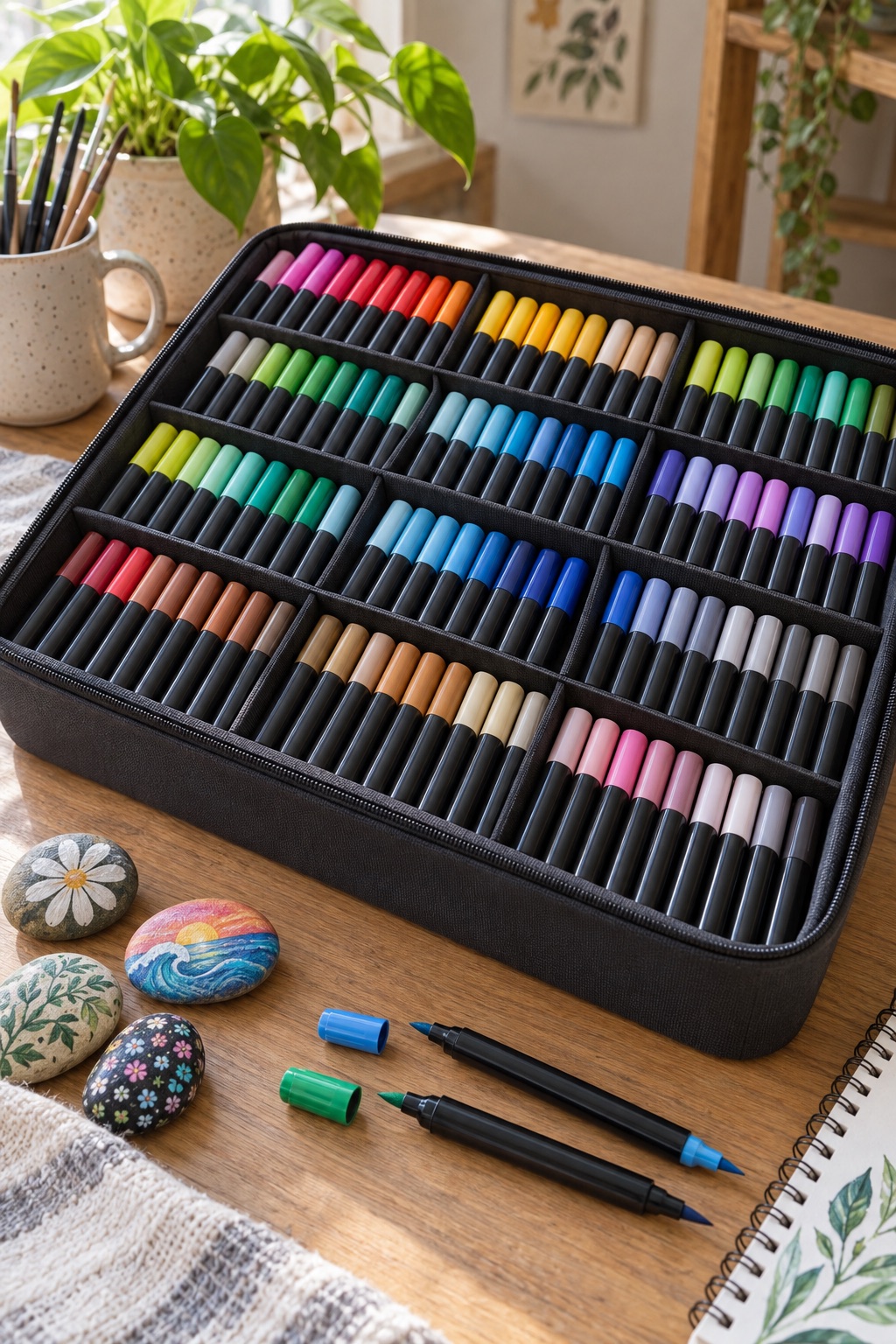 Large acrylic marker collection in a carrying case beside painted pebbles
