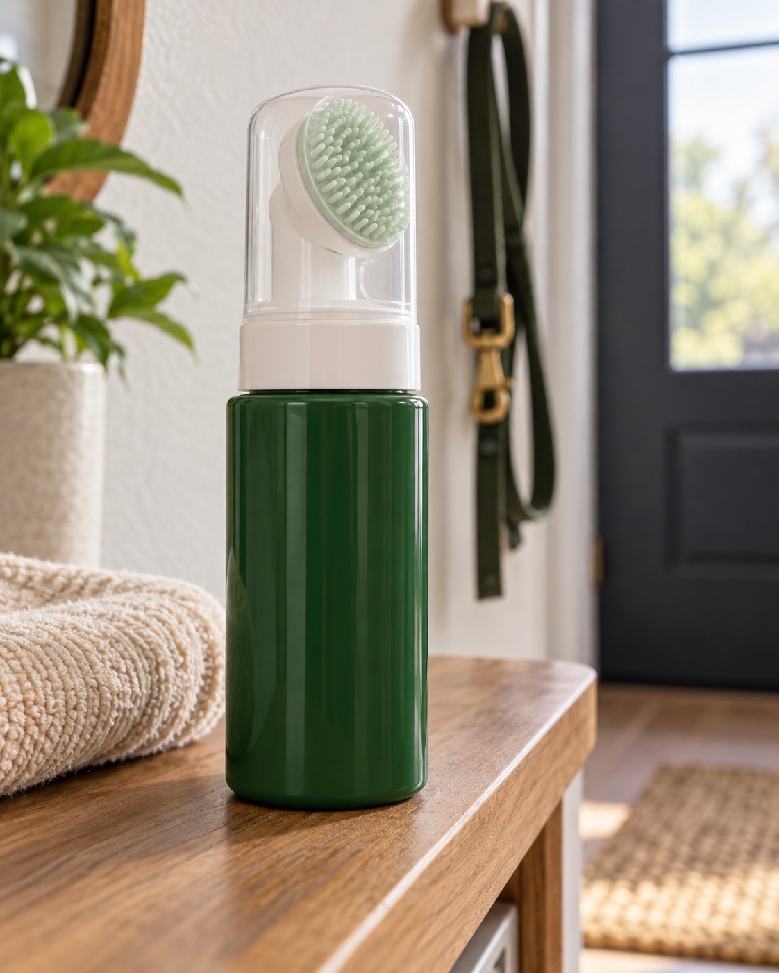 10 Dog Paw Cleaners for Muddy Apartment Entryways Deep green foaming paw cleanser bottle with a pale green silicone brush