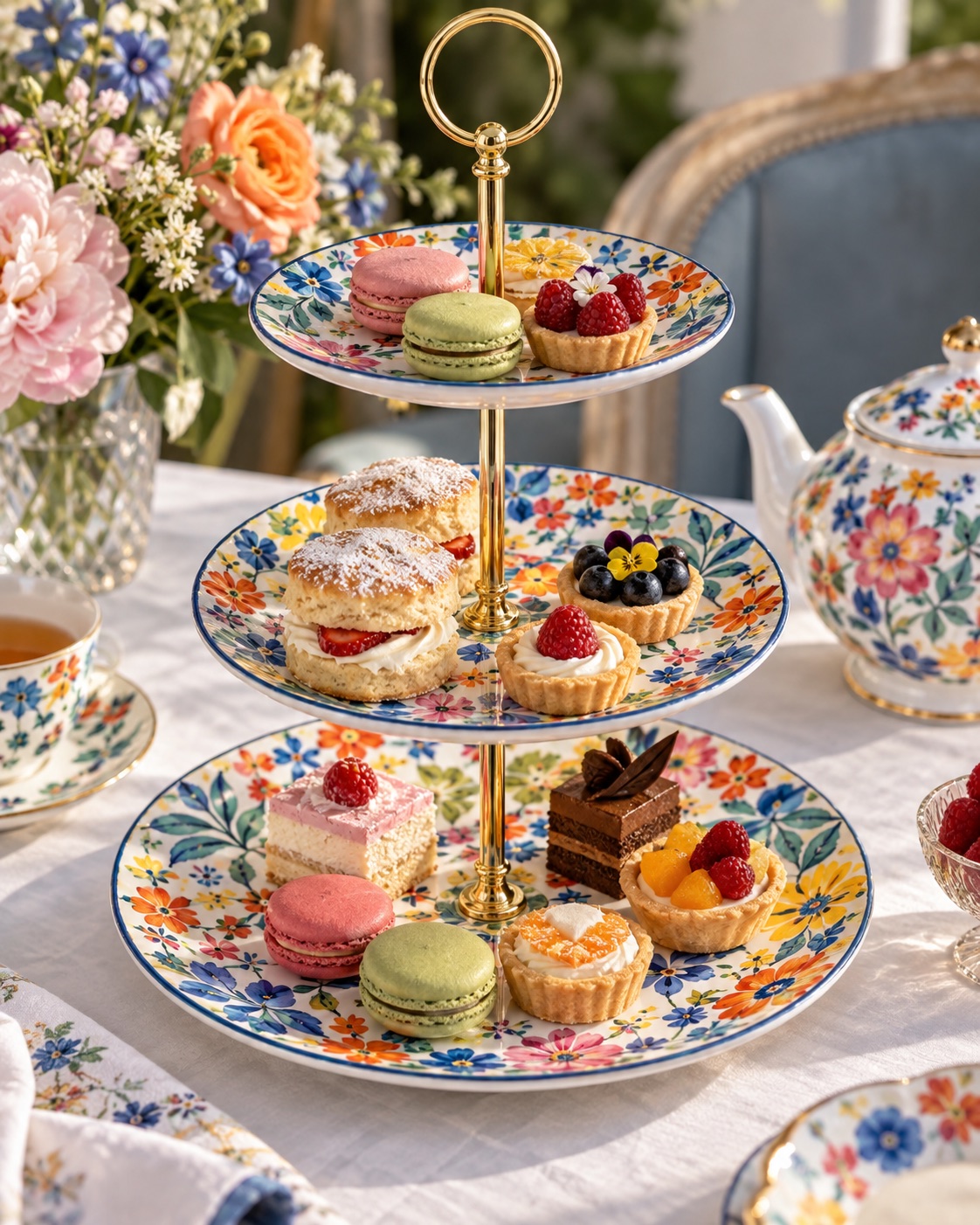 10 Tiered Cupcake Stands for Small Party Dessert Tables Colorful floral three-tier porcelain dessert stand with gold rod