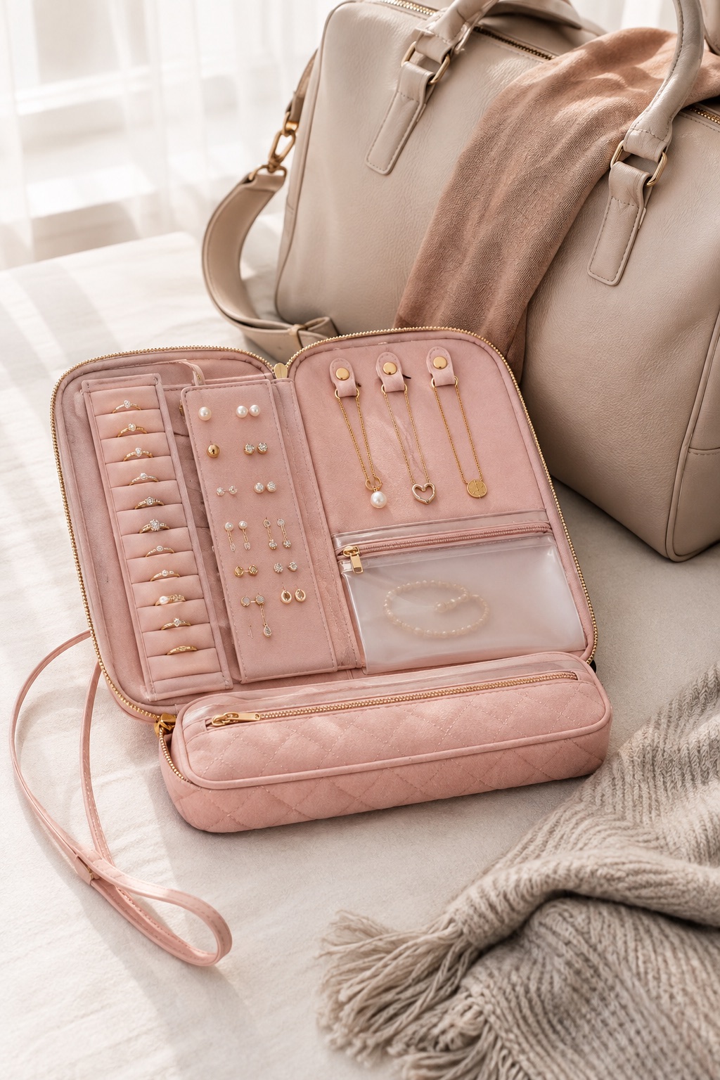 10 Compact Travel Jewelry Cases That Fit in a Carry-On Compact soft-pink quilted jewelry roll beside a weekender
