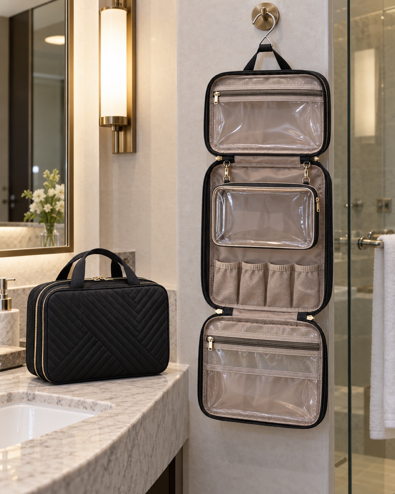 Open black quilted BAGSMART hanging organizer with detachable clear pouch