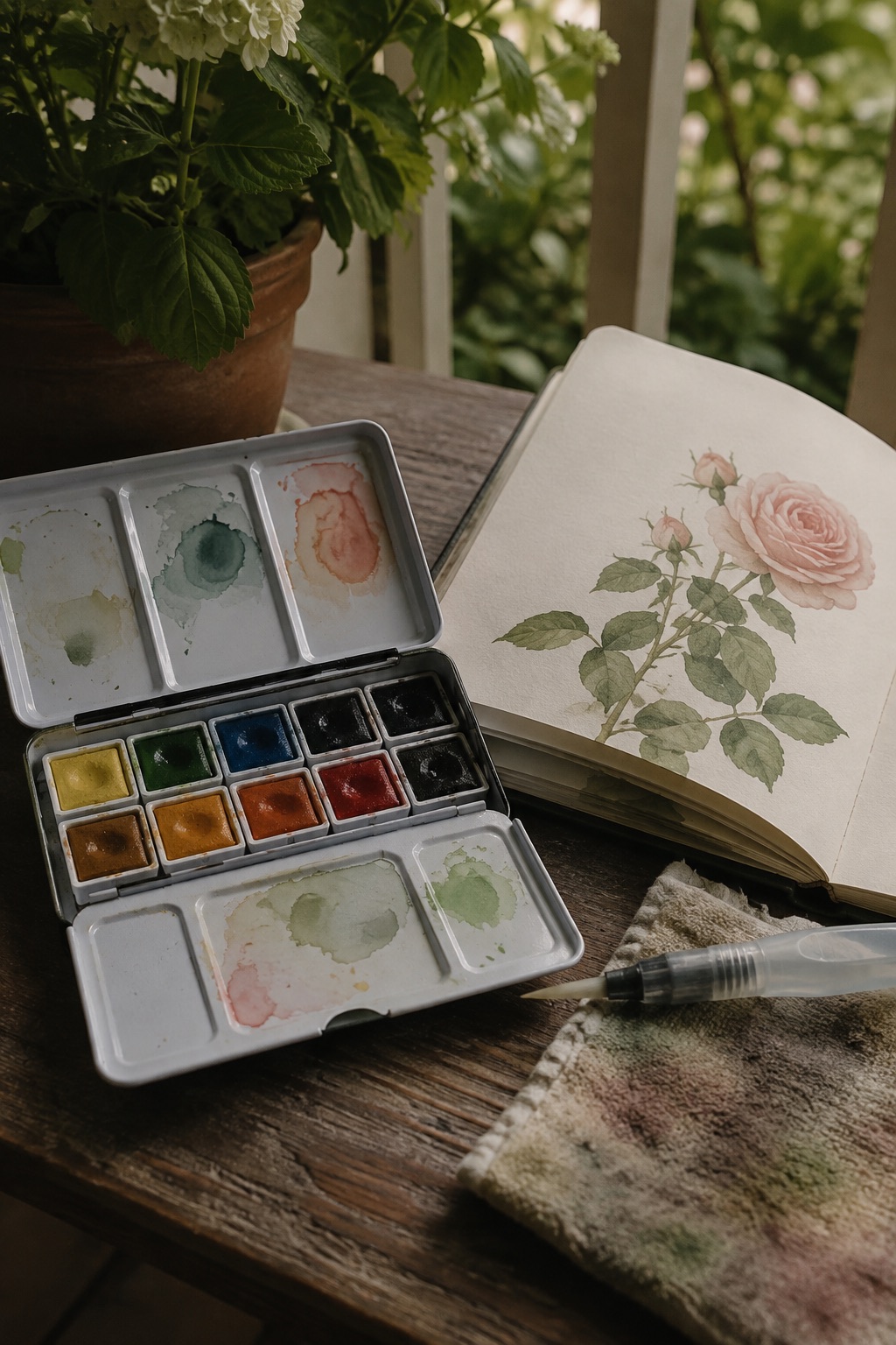 12 Portable Watercolor Sets for Beginner Nature Journaling Classic-color watercolor tin beside a painted rose journal