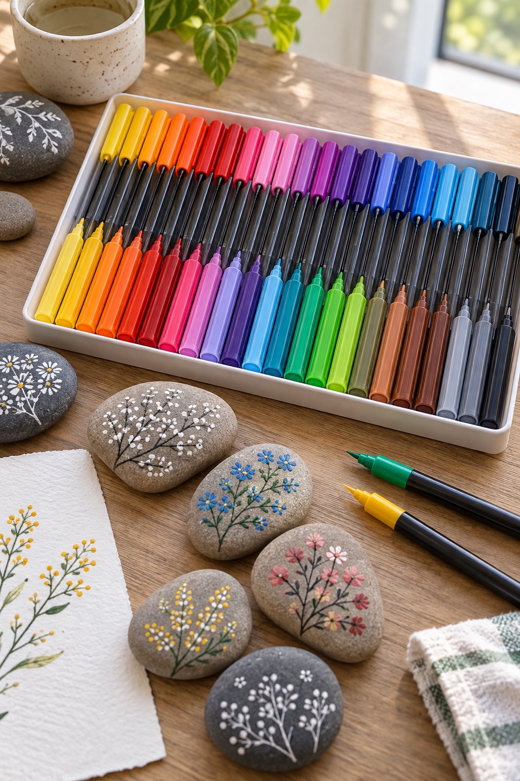 Extra-fine paint markers beside pebbles with delicate floral patterns