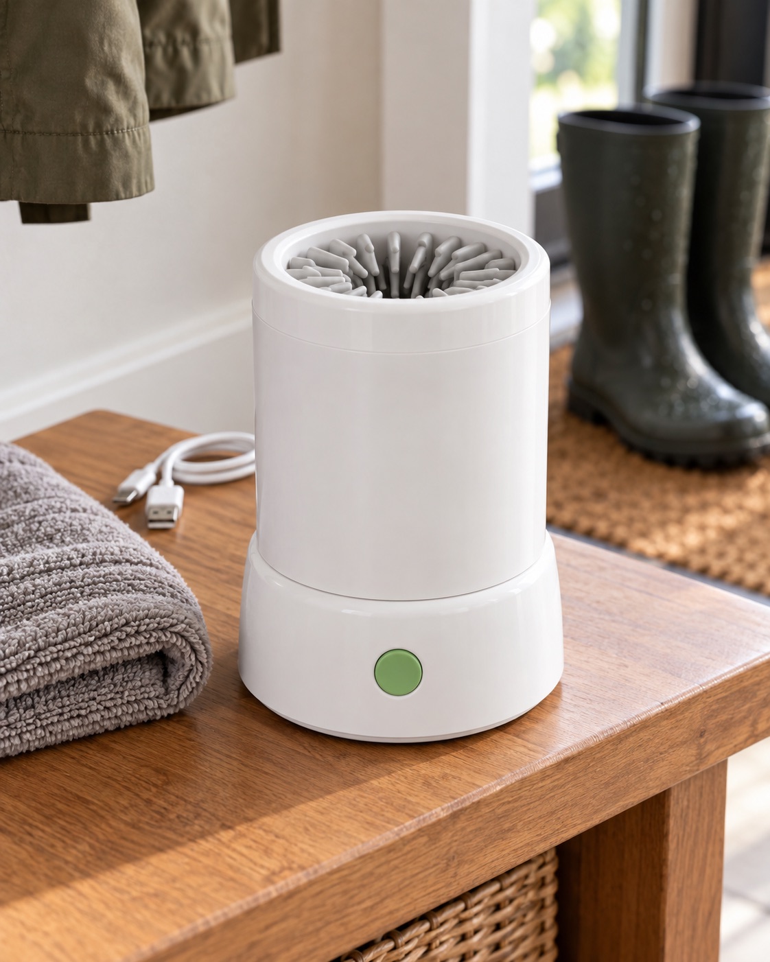10 Dog Paw Cleaners for Muddy Apartment Entryways White automatic cylindrical paw cleaner with gray silicone bristles and one green button