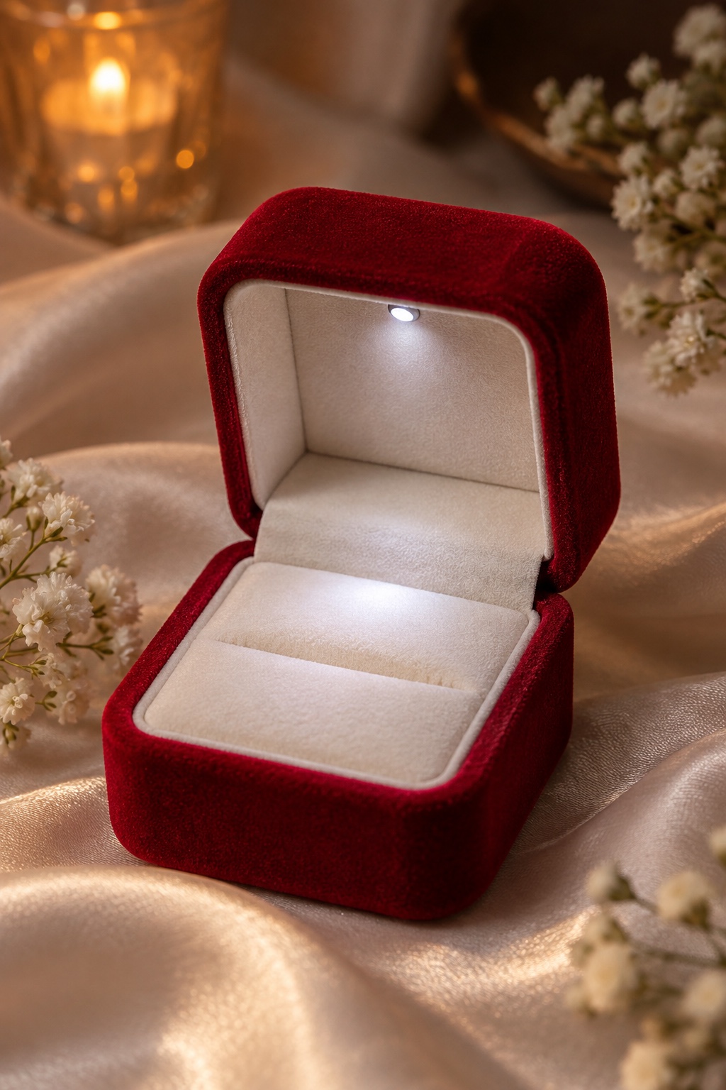 Red square LED ring box opened on satin.
