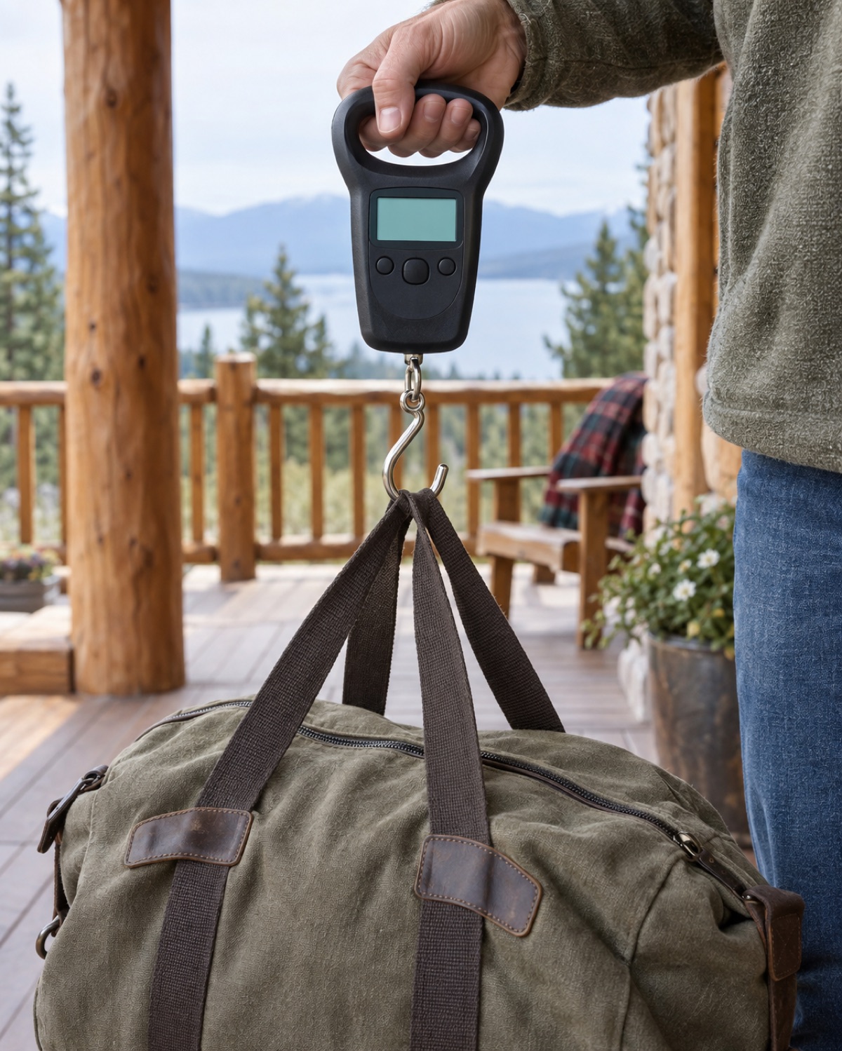10 Portable Luggage Scales That Make Airline Weight Checks Easier Black handled digital hook scale weighing a canvas travel bag