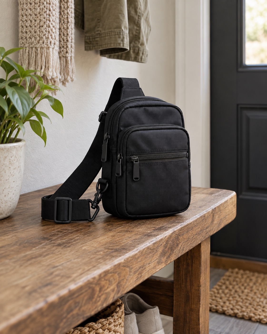 Compact black nylon mini sling bag with three zipper compartments