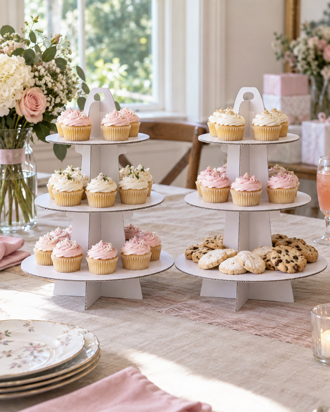 10 Tiered Cupcake Stands for Small Party Dessert Tables Pair of white three-tier cardboard cupcake stands