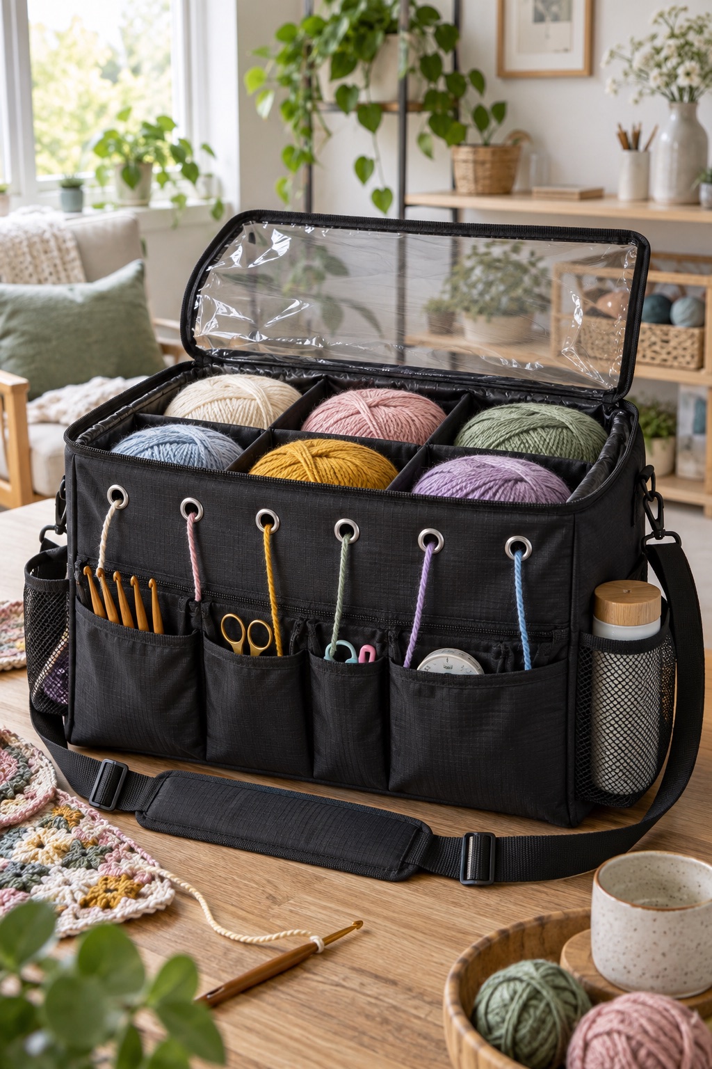 13 Crochet Project Bags That Keep Yarn Tangle-Free on the Go Black covered crochet tote with divided yarn storage and clear top