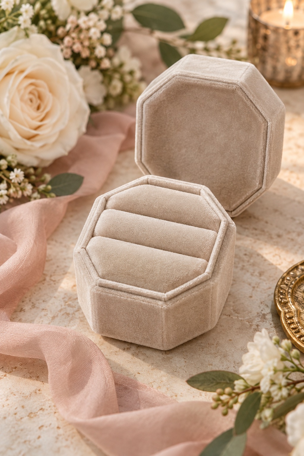 Tall beige velvet octagonal three-slot ring box on a romantic flat lay