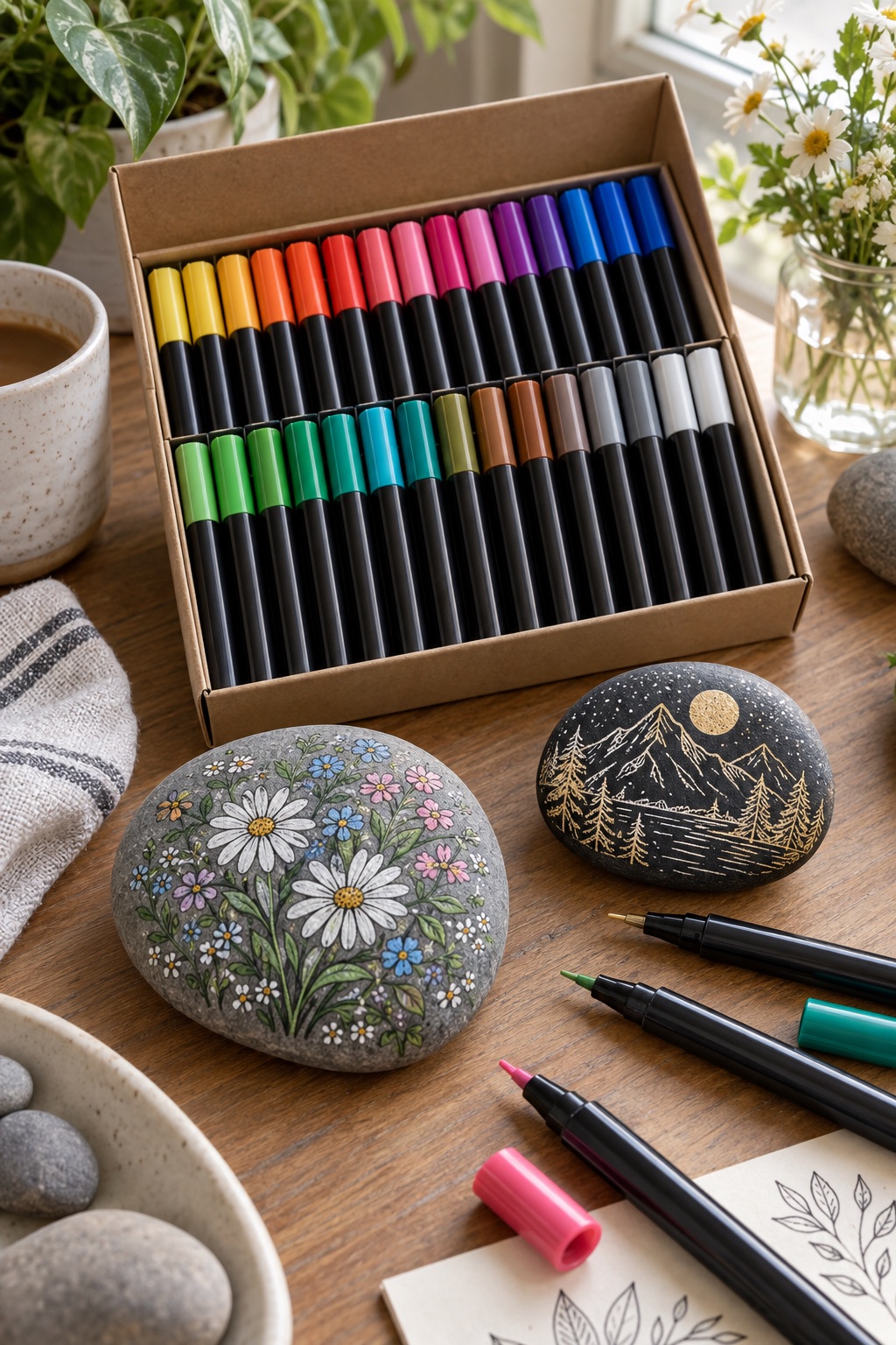 Extra-fine paint markers in a plain carton beside detailed stone art