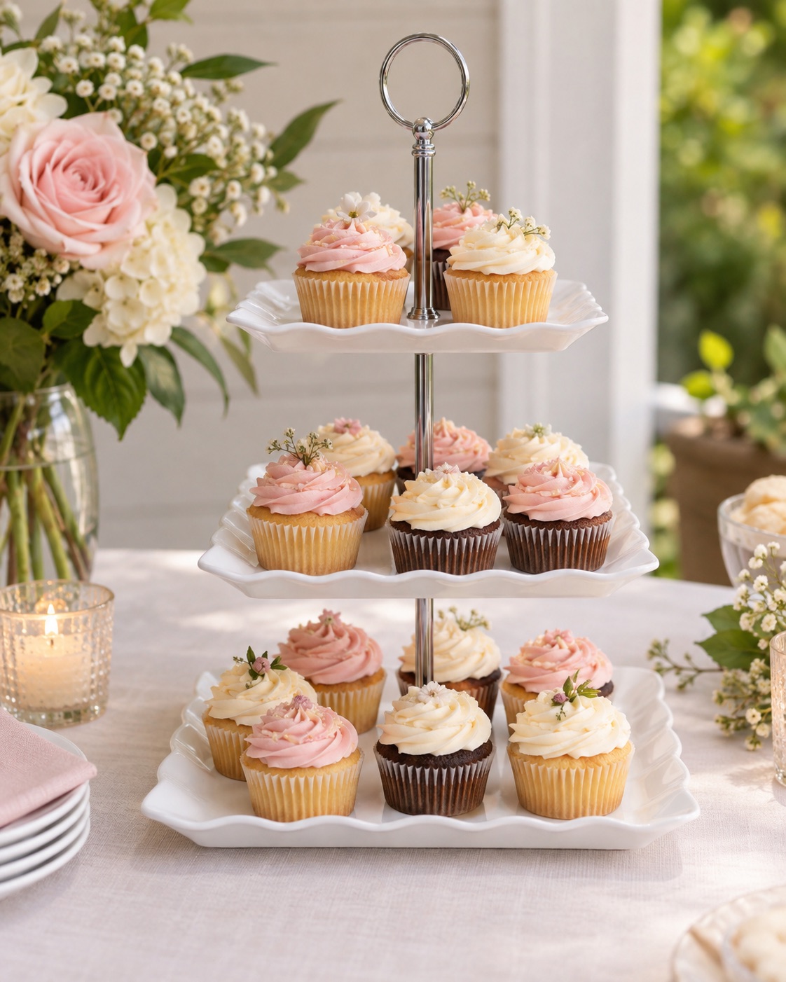 10 Tiered Cupcake Stands for Small Party Dessert Tables White three-tier square cupcake stand with silver carry ring