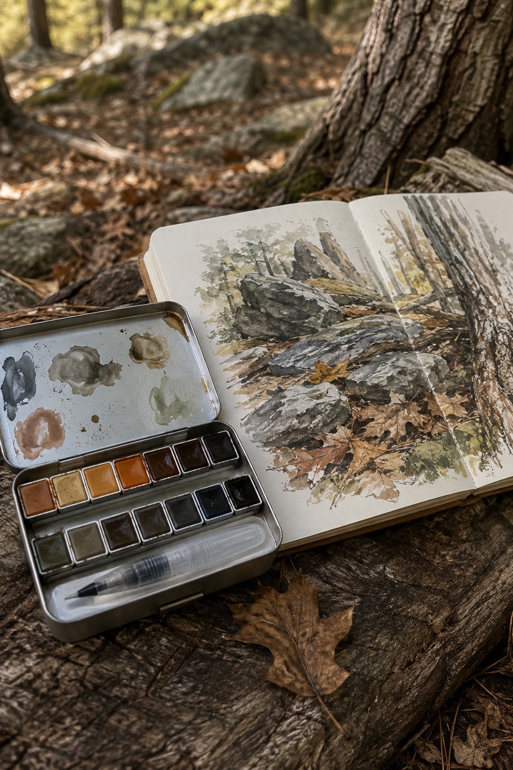 12 Portable Watercolor Sets for Beginner Nature Journaling Earth-tone watercolor tin beside a woodland landscape journal