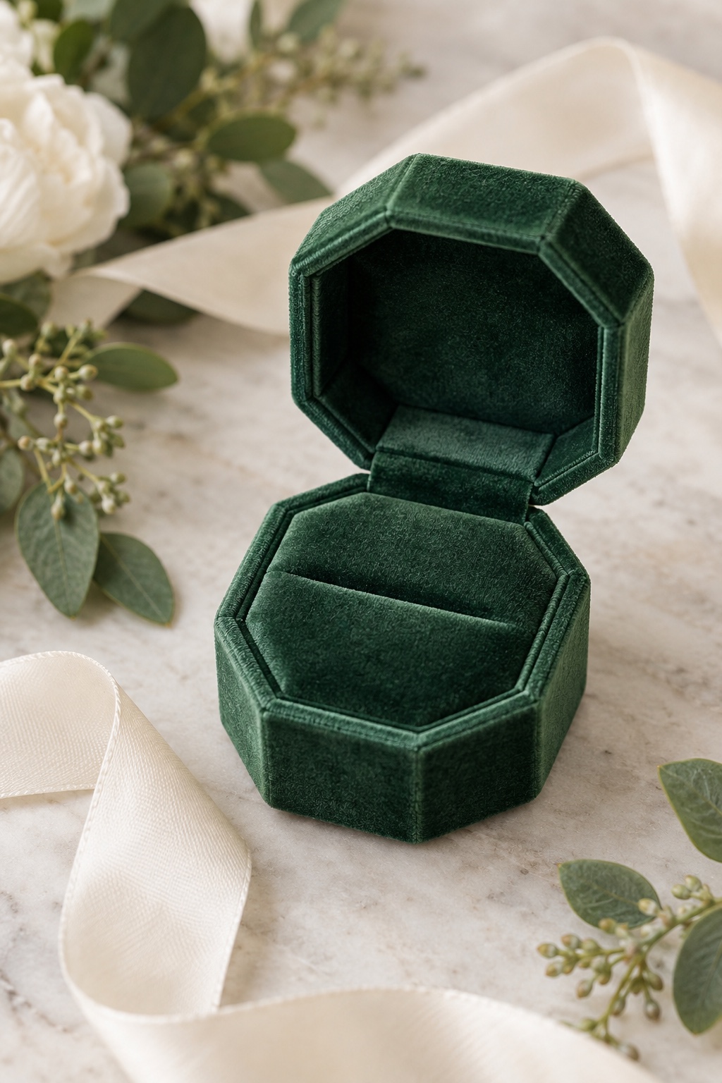 Green octagonal hinged velvet ring box opened beside ribbon.