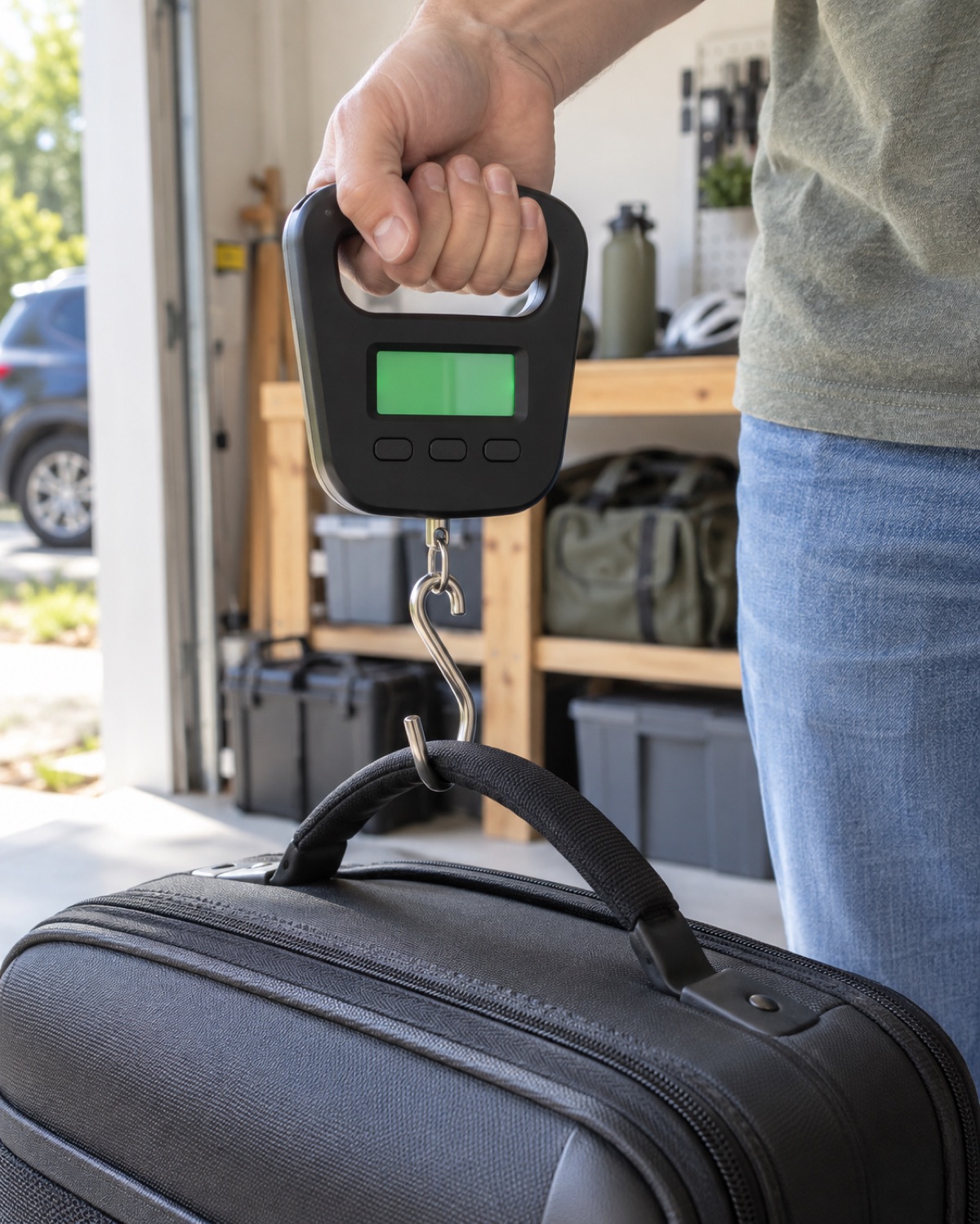 10 Portable Luggage Scales That Make Airline Weight Checks Easier Heavy-duty black digital hanging scale weighing a suitcase