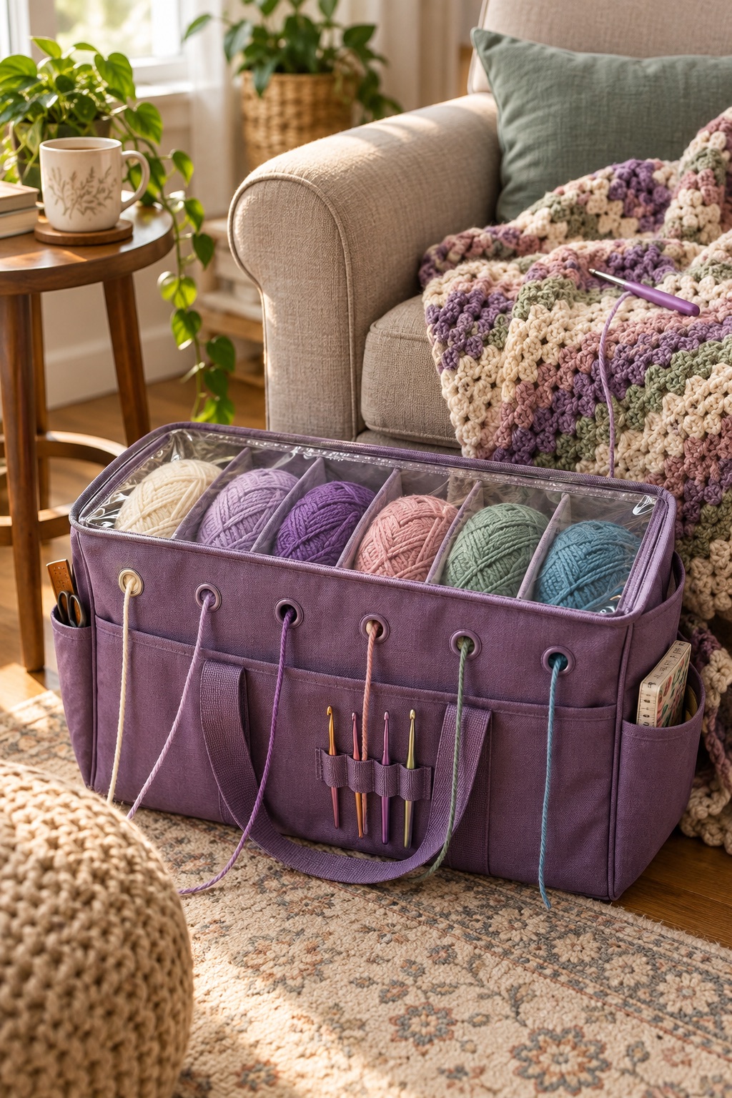 13 Crochet Project Bags That Keep Yarn Tangle-Free on the Go Purple crochet yarn organizer with clear top and full-height dividers