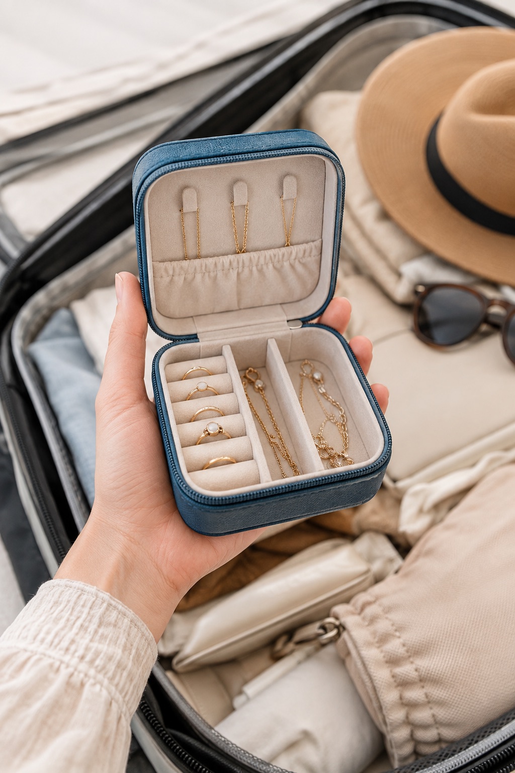 10 Compact Travel Jewelry Cases That Fit in a Carry-On Tiny blue travel jewelry box held above an open suitcase