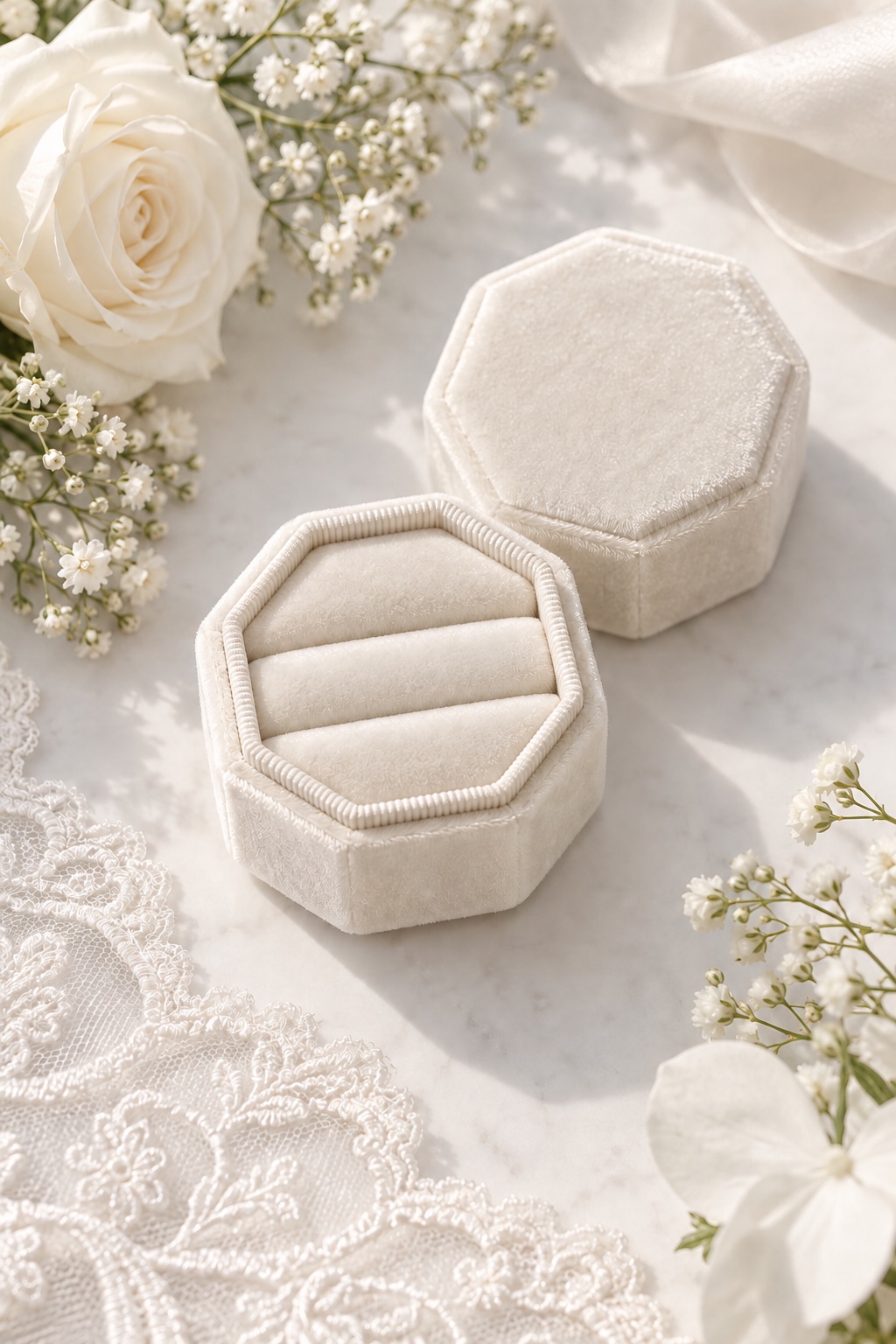 Ivory velvet octagonal two-slot wedding ring box with removable lid