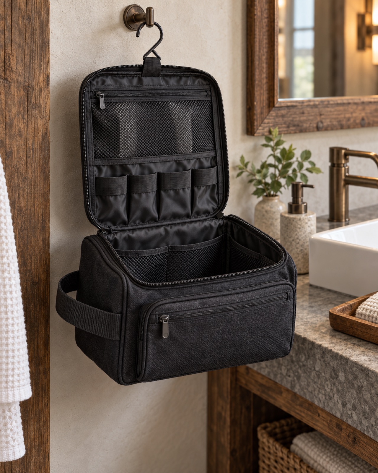 Open black canvas Vorspack medium hanging toiletry bag