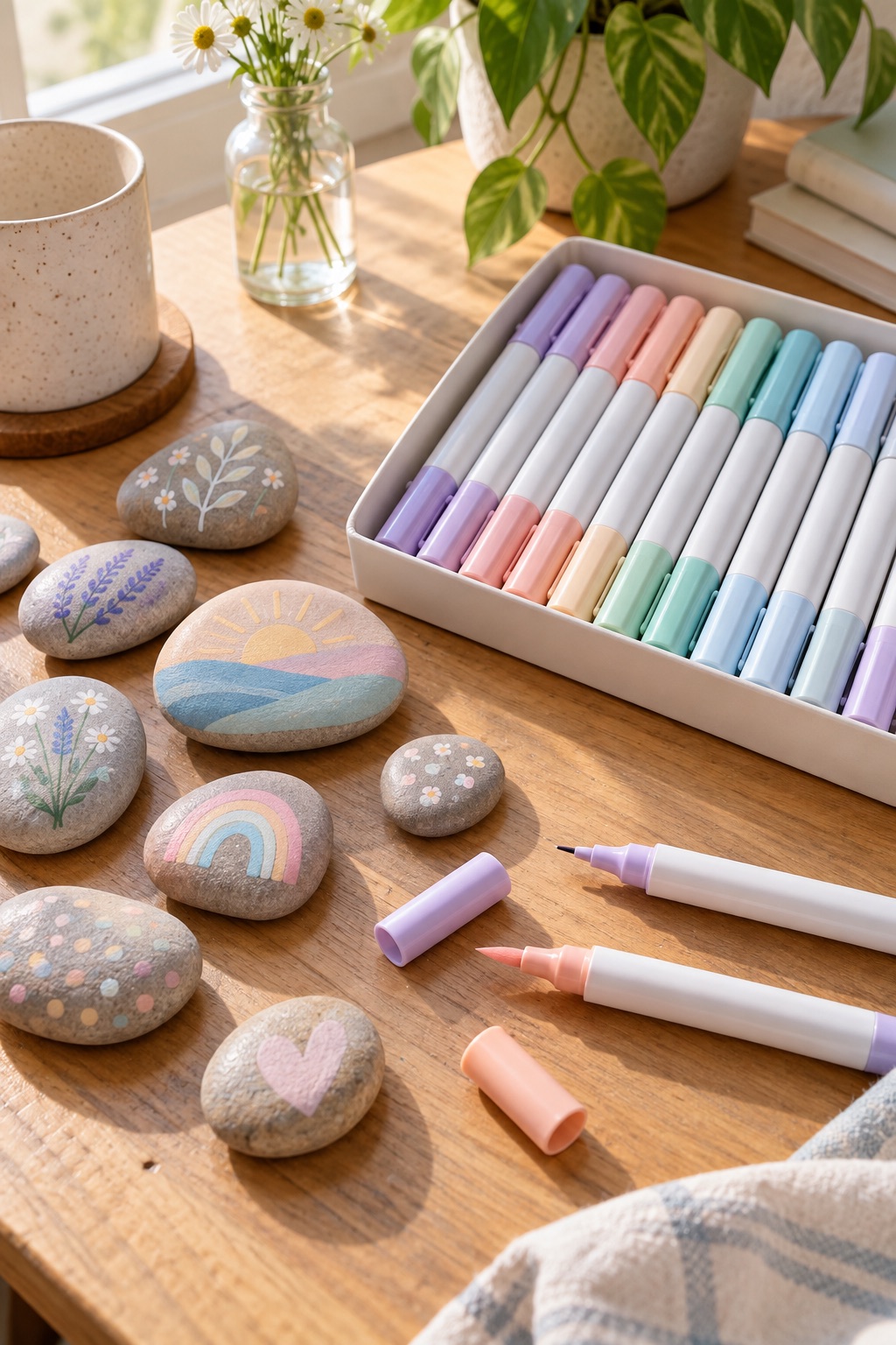 Pastel dual-tip markers beside softly painted pebbles