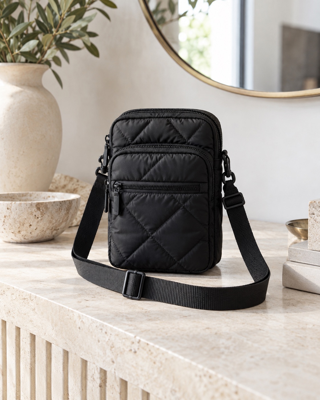 Black quilted puffer crossbody phone purse with multiple pockets