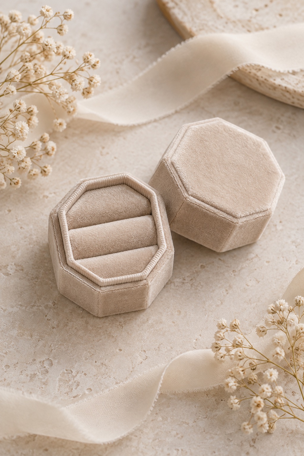 Compact low beige velvet octagonal two-slot ring box