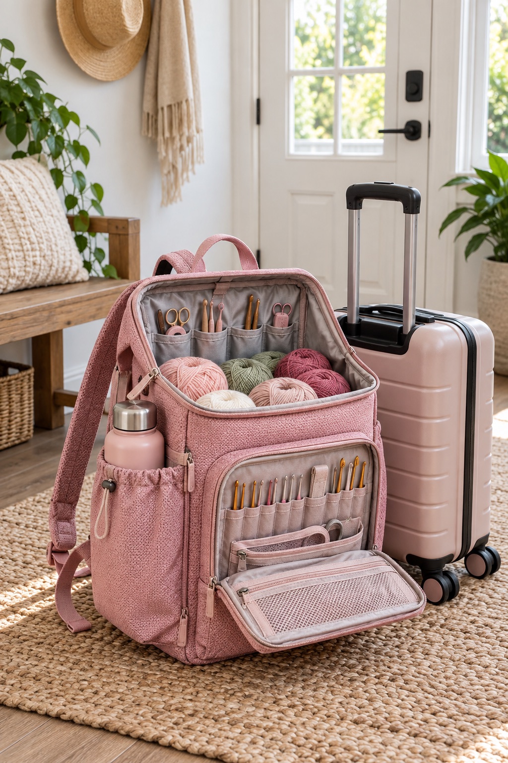 13 Crochet Project Bags That Keep Yarn Tangle-Free on the Go Pink travel crochet backpack with wide opening and organized yarn storage