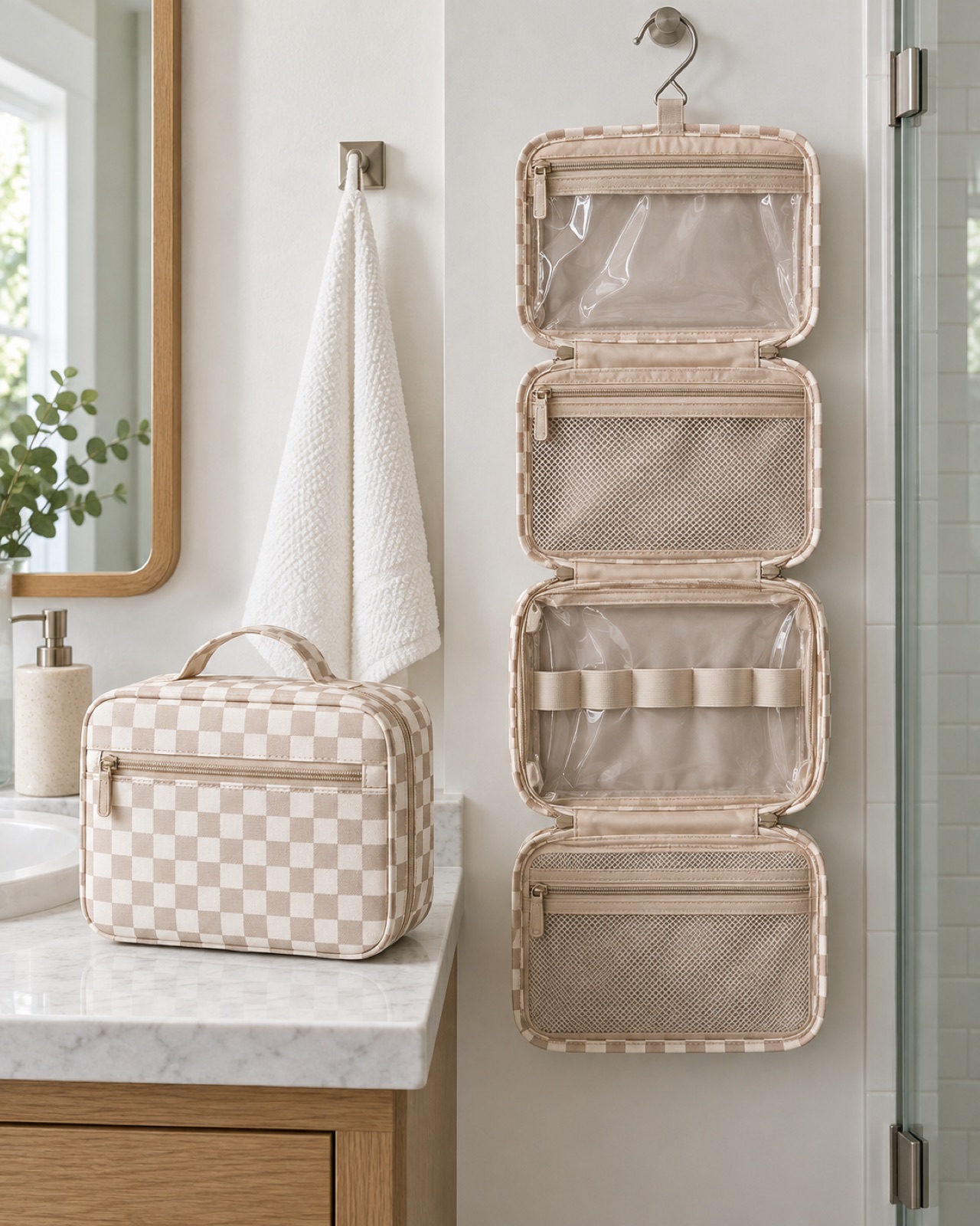 Open beige checkerboard Narwey hanging toiletry organizer