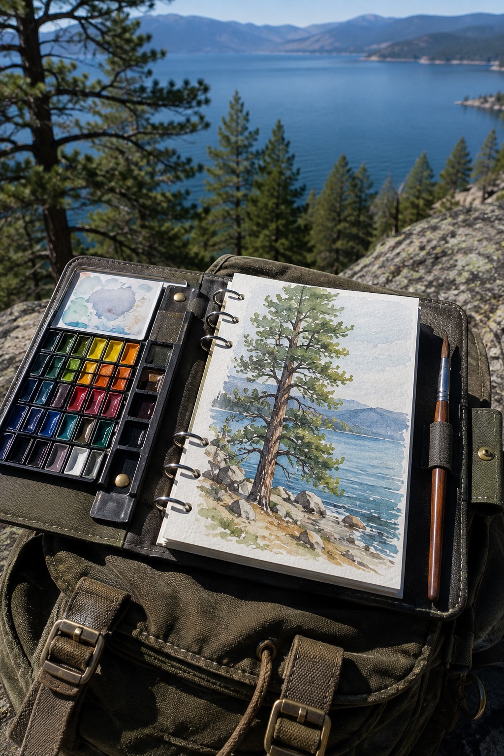 12 Portable Watercolor Sets for Beginner Nature Journaling Refillable watercolor sketchbook kit overlooking a mountain lake