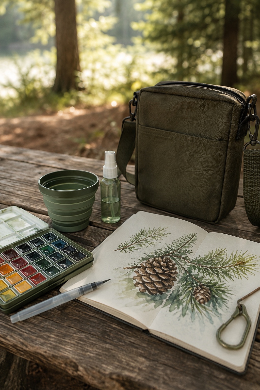 12 Portable Watercolor Sets for Beginner Nature Journaling Green portable watercolor kit beside a pinecone nature journal